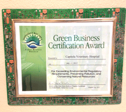 Photo of a Green Business Certification Award for Capitola Veterinary Hospital