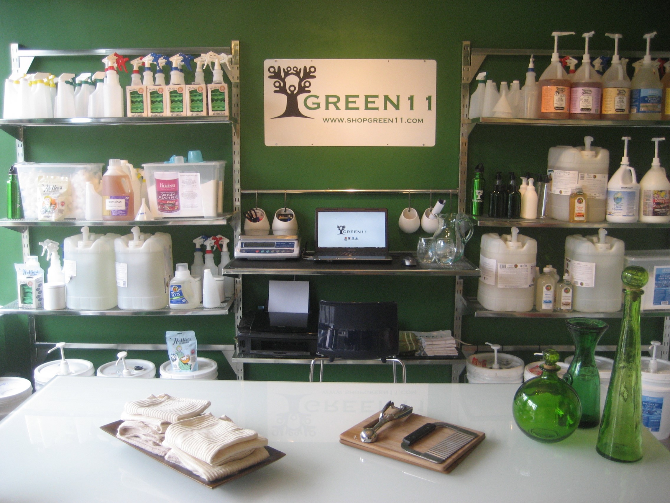 The sales counter of the Green11 store.