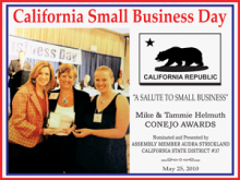 California Small Business Day flier with Assembly Member Audra Strickland presenting an award.